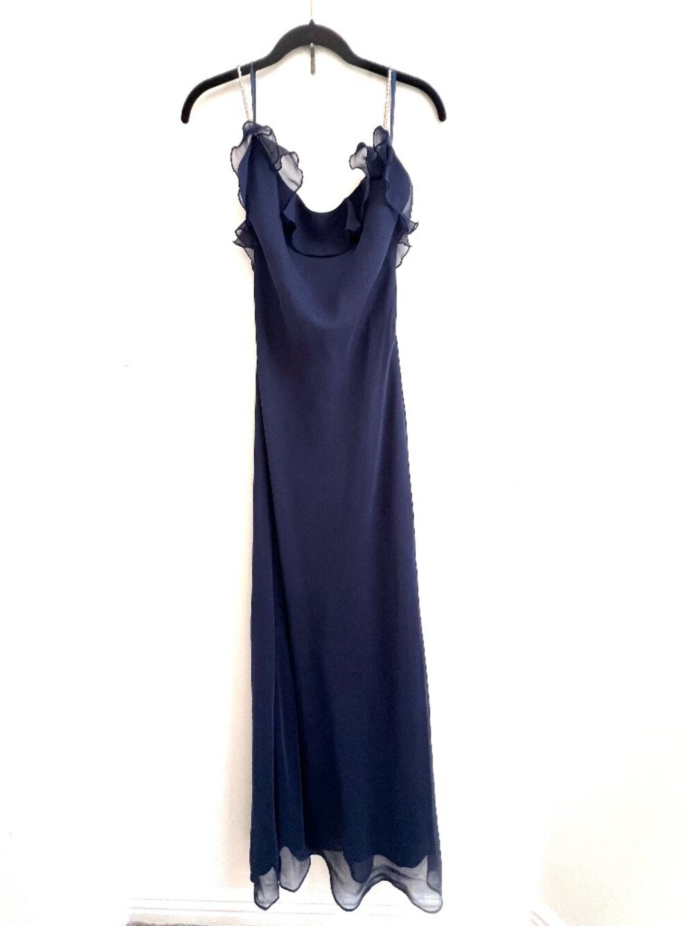 Vintage Fashion 1001 Nights Navy Blue Ruffle Gown - Rhinestone Straps